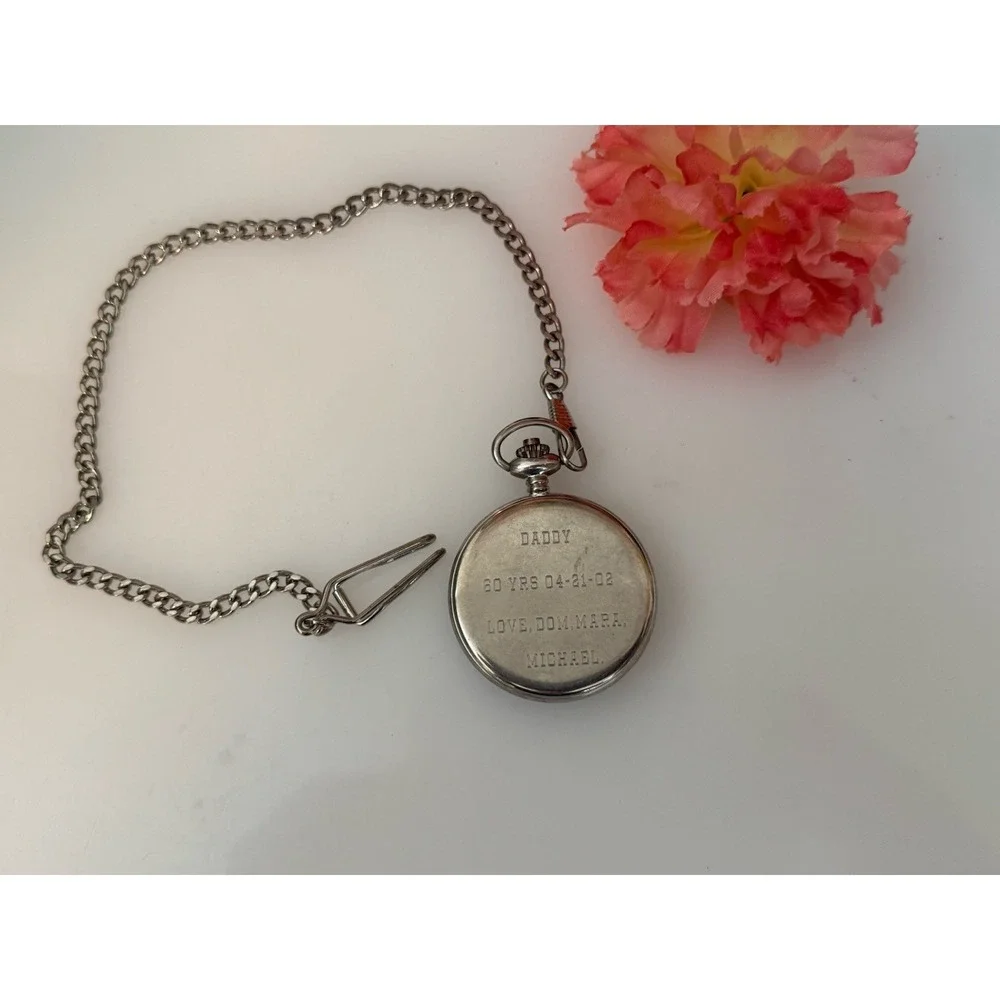 2002 Majesti Pocket‎ Watch with Inscription In Back As is Chain Silver Tone Blue